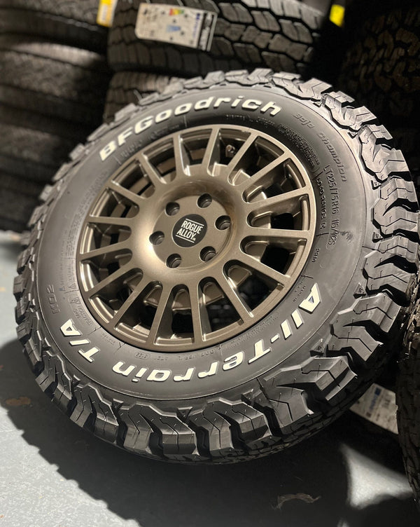 A BFGoodrich All-Terrain T/A KO2 tyre fitted to a Rogue alloy wheel