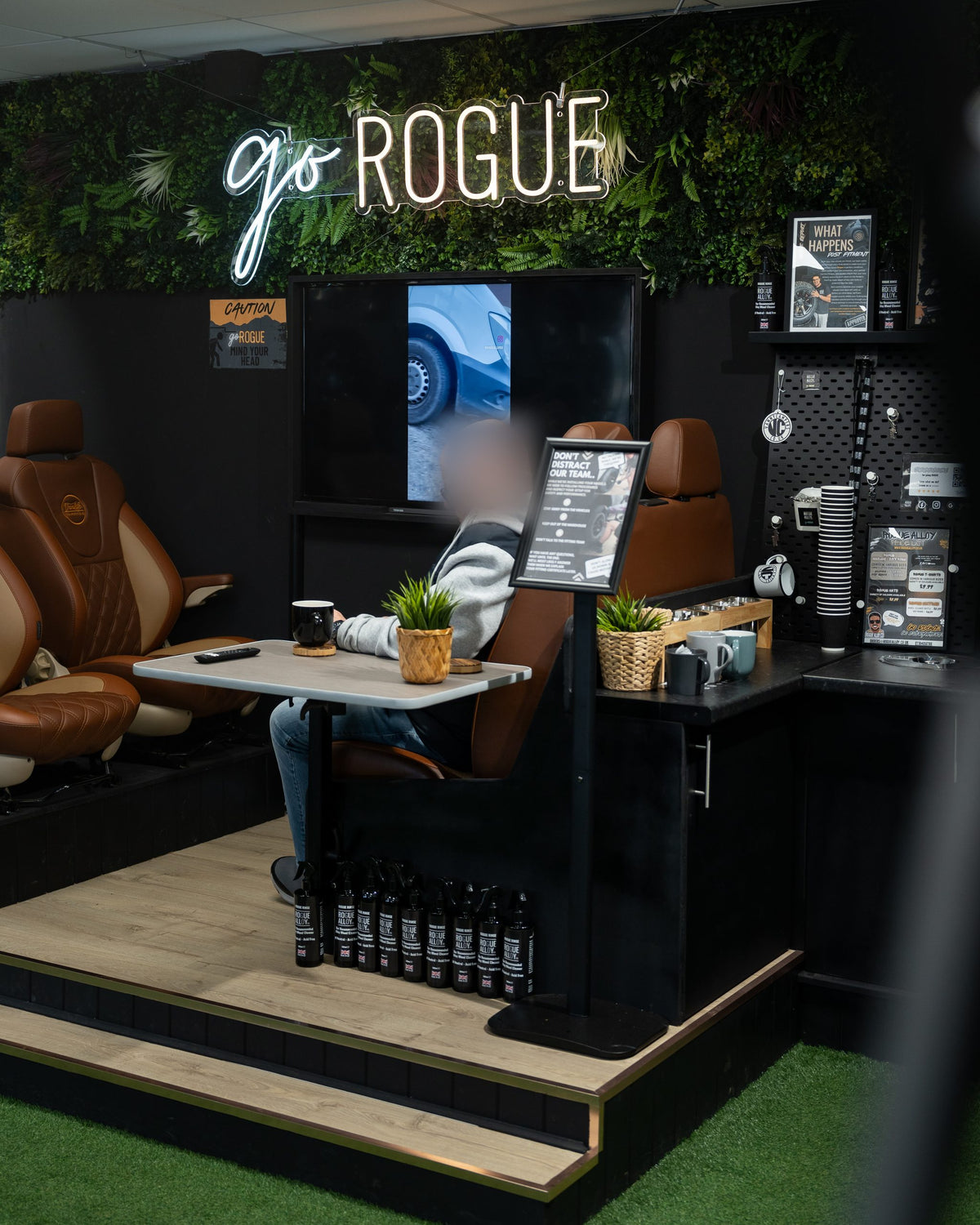The customer seating area in the Rogue showroom, where you wait while your set goes on