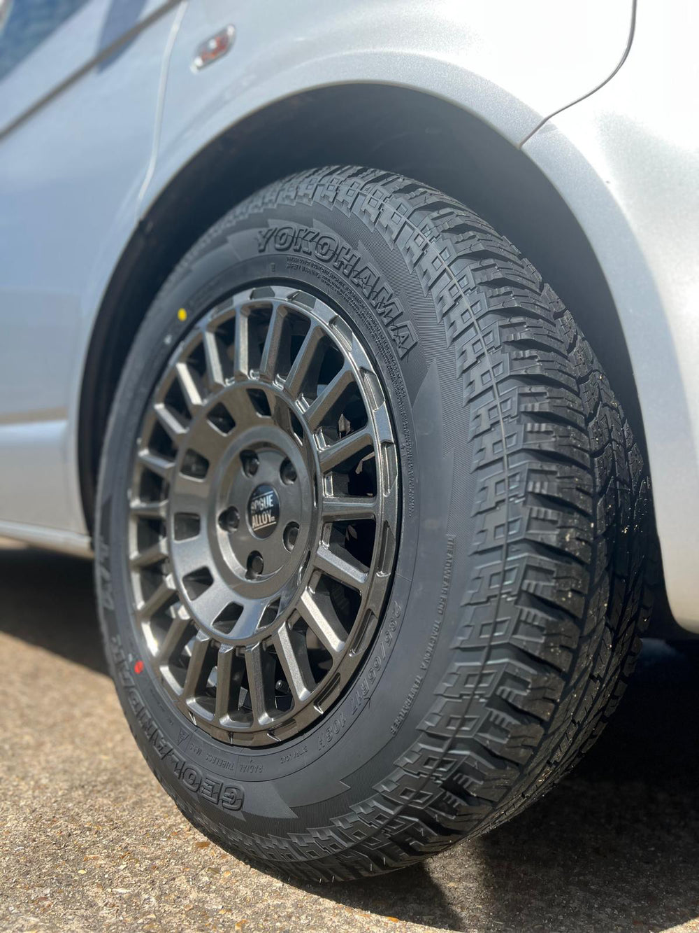 A gunmetal Rogue LCX wheel with five visible wheel bolts, fitted with a Yokohama tyre
