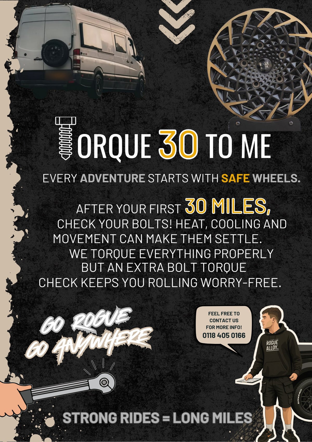 Rogue infographic: check and re-torque your wheel bolts after your first 30 miles