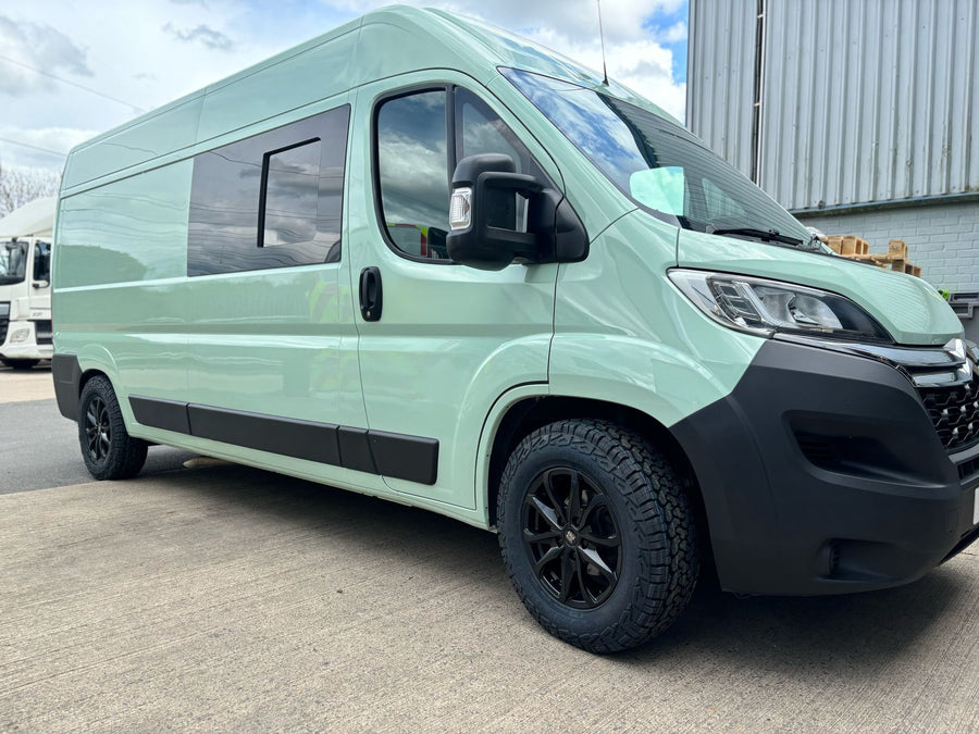 A vivid mint-green respray Citroen Relay crew van on a matte black Rogue wheel